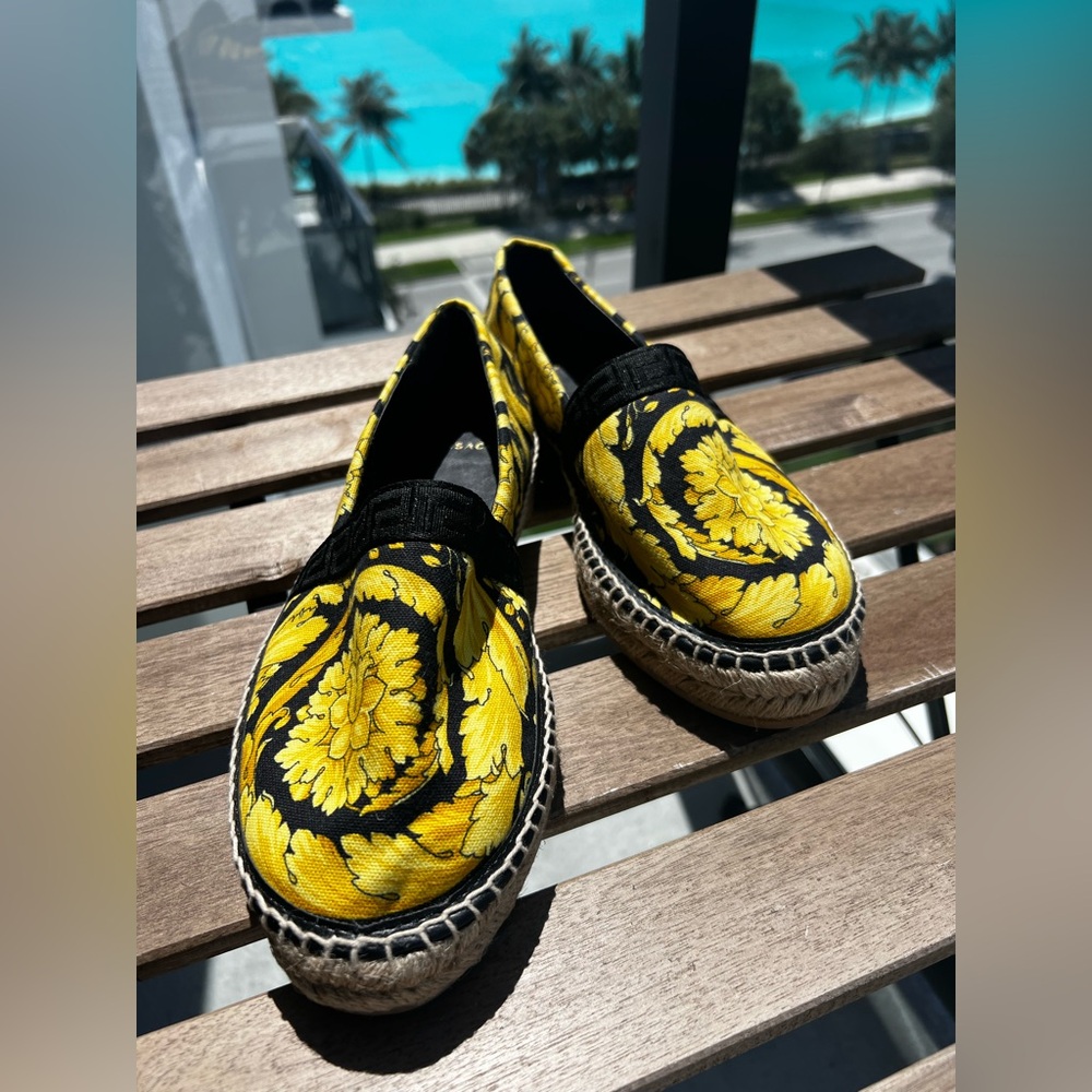 Versace Yellow and Black Espadrilles with Intricate Pattern